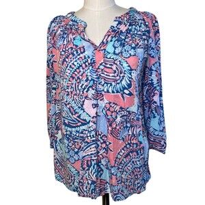 Crown & Ivy Top Womens SM Blue Printed Peasant Blouse Split Neck Rayon Ladies